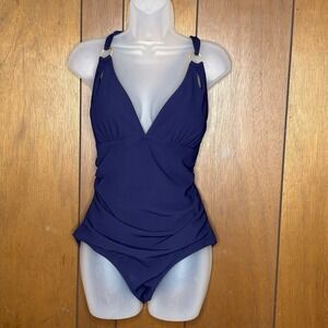 Charmo One Piece Swimsuit Women's L Navy Ruched Tummy Control Open Back Beach